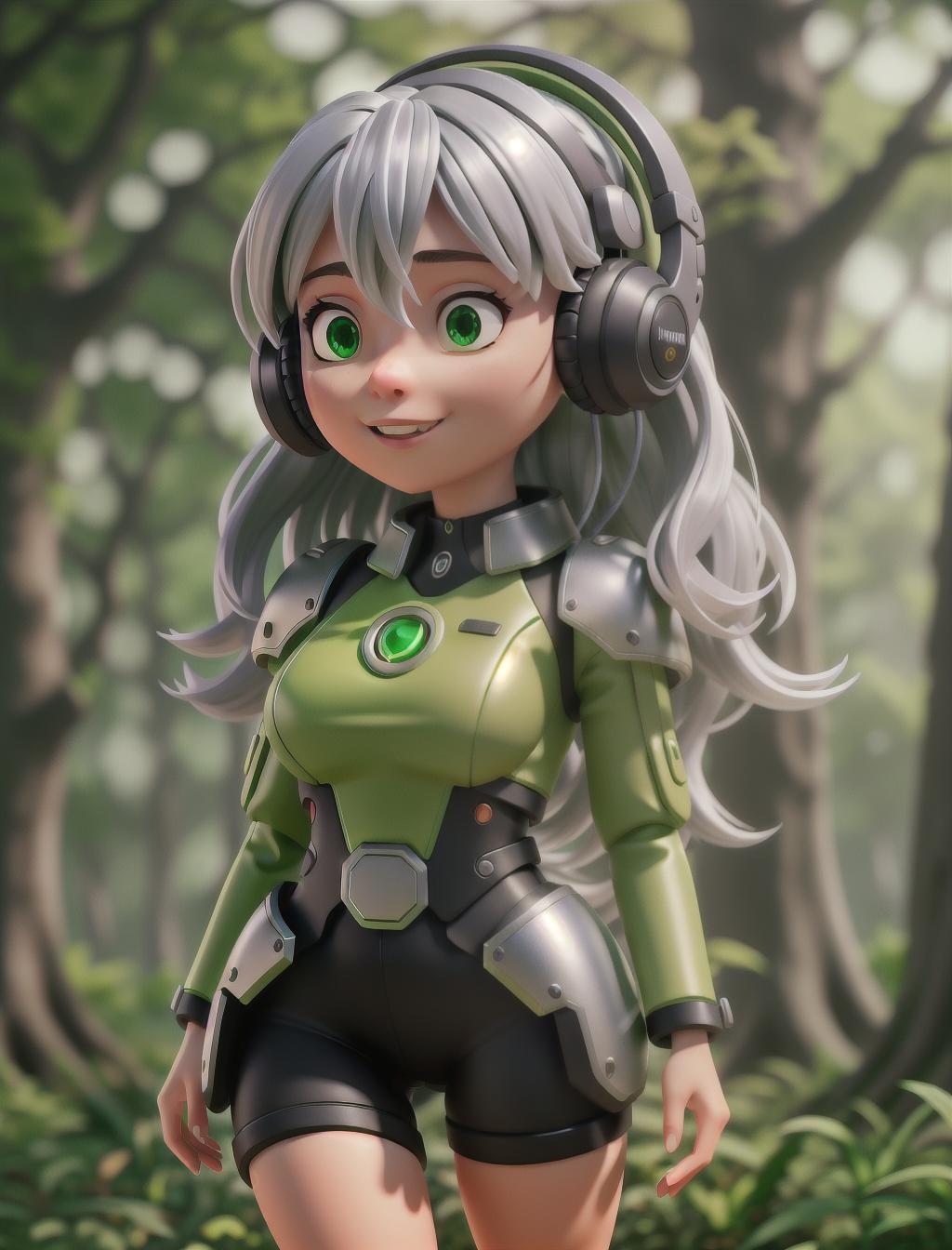  a cute cyborg girl with silver hair standing in a green forest, Dynamic Background, Vibrant Color, wearing a headset, enjoying music hyperrealistic, full body, detailed clothing, highly detailed, cinematic lighting, stunningly beautiful, intricate, sharp focus, f/1. 8, 85mm, (centered image composition), (professionally color graded), ((bright soft diffused light)), volumetric fog, trending on instagram, trending on tumblr, HDR 4K, 8K