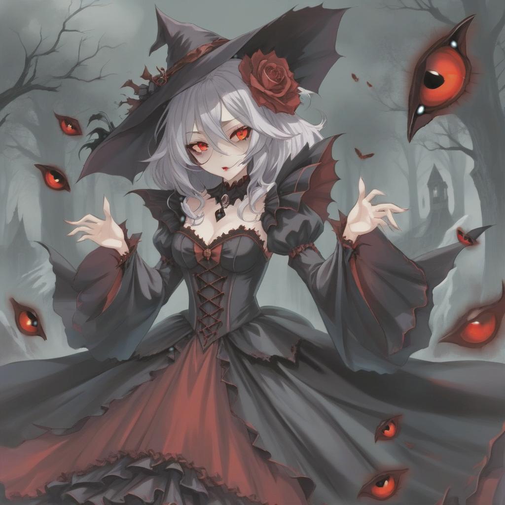  the vampire witch. red eyes, snow white hair. beautiful. in an elegant dress