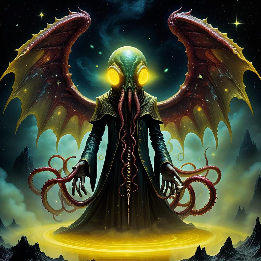  space themed a creature in a priest's mantle in a sticky shiny slime bent into the fog and light of yellow lights smoke red sparks spikes terror of lovecraft's tentacles necronomicon and rings of slime wings . cosmic, celestial, stars, galaxies, nebulas, planets, science fiction, highly detailed