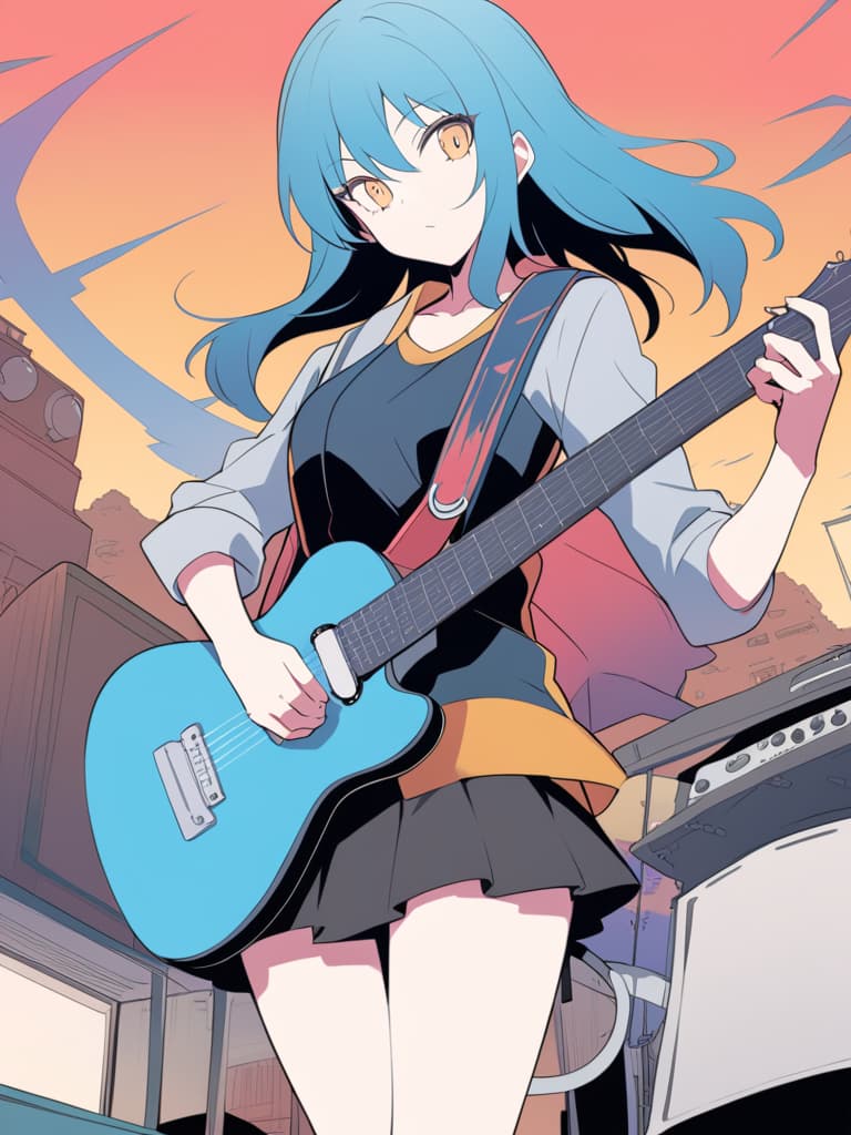  in the anime with a guitar, the satinten style, flcl cover, cushart, flcl, animation style illustration, guitar solo, trendy anime artwork, beautiful detailed animation style, tetsujoro for generously, tetsu goro beautiful detailed anime art, guitarist