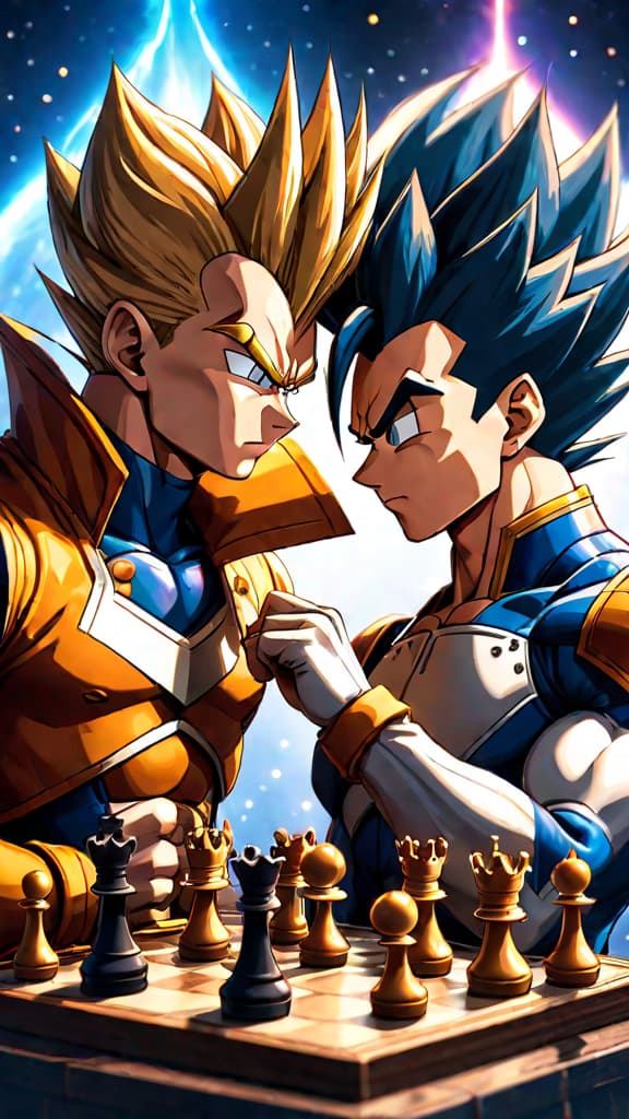  anime art: goku and vegeta pondering their roles in a cosmic chess game of destiny. hyperrealistic, full body, detailed clothing, highly detailed, cinematic lighting, stunningly beautiful, intricate, sharp focus, f/1. 8, 85mm, (centered image composition), (professionally color graded), ((bright soft diffused light)), volumetric fog, trending on instagram, trending on tumblr, HDR 4K, 8K