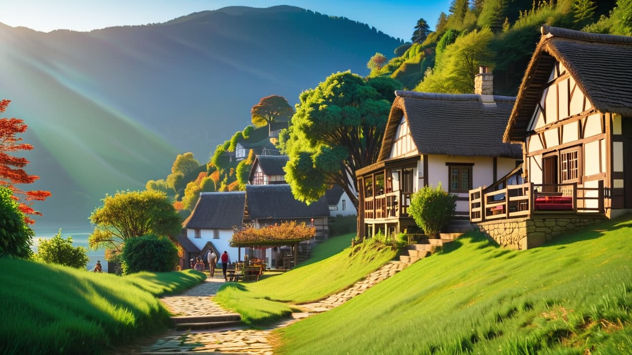  a picturesque village scene showcasing historic architecture, vibrant local crafts, and scenic landscapes, with tourists exploring cultural sites, engaging with artisans, and enjoying traditional cuisine, all under a clear blue sky. hyperrealistic, full body, detailed clothing, highly detailed, cinematic lighting, stunningly beautiful, intricate, sharp focus, f/1. 8, 85mm, (centered image composition), (professionally color graded), ((bright soft diffused light)), volumetric fog, trending on instagram, trending on tumblr, HDR 4K, 8K