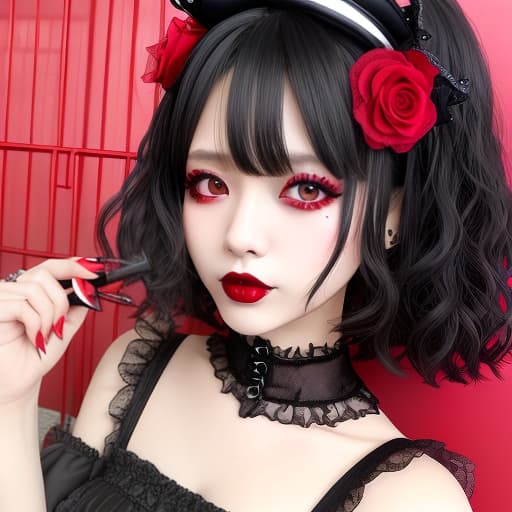  Gothic Lolita, red mesh, punk makeup 女の子 ファッション