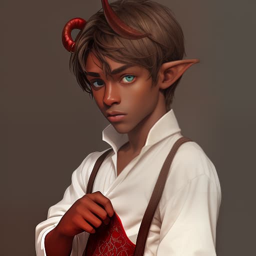  tifling guy, with small horns, green eyes, brown hair, dark skin, in a white shirt with red embroidery