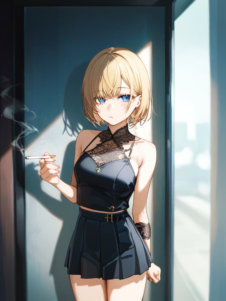  s wearing black tights, headphones, black loafers, whole body, blue eyes , blonde bob cut , white pleated , white sailor suit, with purple rose tattoo on the left , tobacco a smoked , a tattoo of a spider's web on the left arm, a cigarette, a smoking a cigarette, standing, no sleeves, masterpiece, best quality,8k,ultra detailed,high resolution,an extremely delicate and beautiful,hyper detail