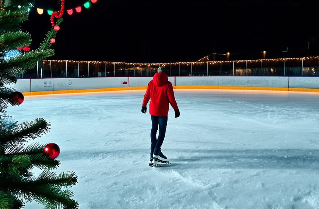  professional detailed photography, empty ice skating rink background with lights, decoration. outdoor christmas lesure. happy winter holidays vacation. ar 3:2, (muted colors, dim colors, soothing tones), (vsco:0.3)