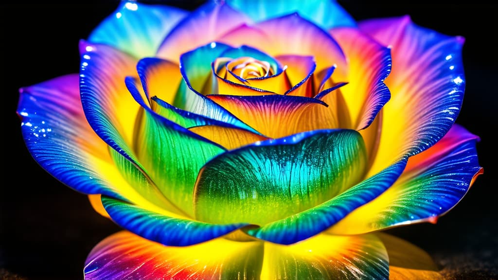  close up shot: a rose made of light infused glass, captured in stunning detail. the glass petals shimmer with a soft glow, refracting light in a spectrum of colors, creating a mesmerizing and ethereal appearance.” ar 16:9 {prompt}, maximum details