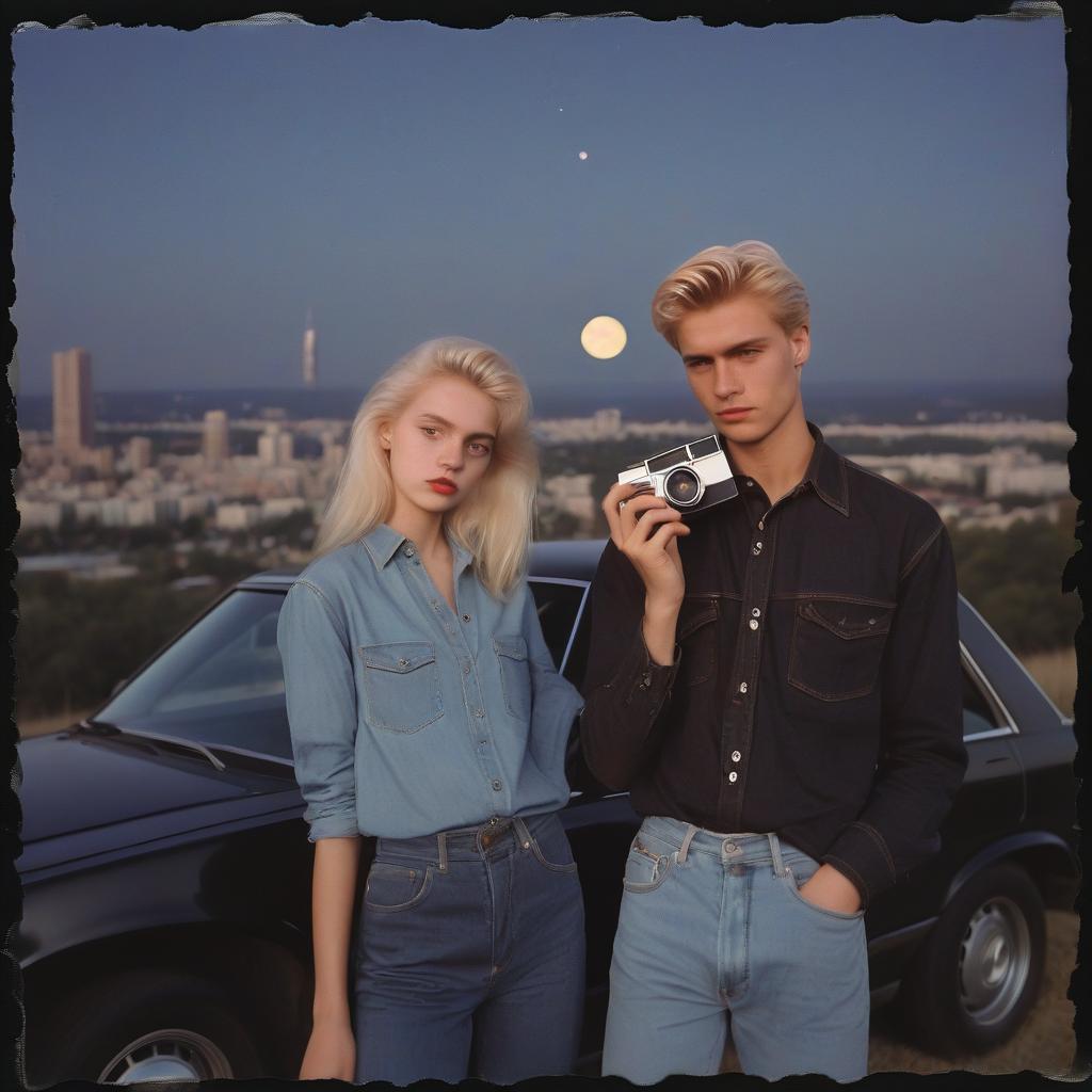  analog film photo a platinum blonde girl takes pictures on a polaroid in a black shirt and stands next to a blonde guy in a denim shirt, standing by a black car, a view from a hill, in the background the city, the time of dusk, a full light moon, the style of the 80 90s. . faded film, desaturated, 35mm photo, grainy, vignette, vintage, kodachrome, lomography, stained, highly detailed, found footage