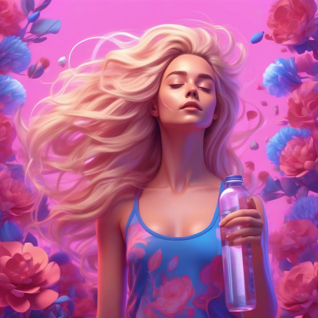  art of fantasy sporty girl with flowers inside her head like her thoughts and growing from her long very thick blondy hair, hair fluttering in the wind with bottle of water in her hands pink and blue and purple colors on the background cartoon style 3d, hq, 4k for modern mobile app