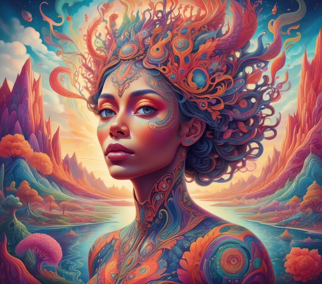  a psychedelic, visionary portrait of a woman with intricate, colorful facial features and patterns, set against a fantastical, surreal landscape with vibrant hues, organic shapes, and a dreamlike, ethereal quality. inspired by the styles of visionary artists, digital art, and psychedelic imagery. highly detailed, photorealistic, and cinematic in execution.