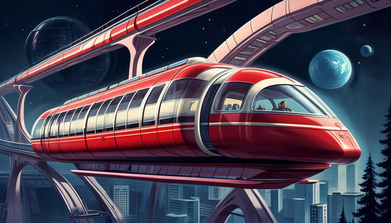  high detail, high quality, soviet retrofuturism, retro, 1950, ussr, space, red car monorail, transparent roof, monorail, travels at high speed, dark background, darkness, in space