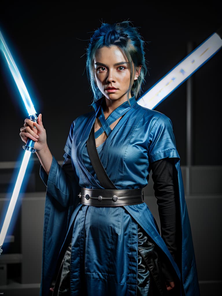  super saiyan, blue hair, jedi, blue lightsaber, jedi clothes, masterpiece, best quality,8k,ultra detailed,high resolution,an extremely delicate and beautiful,hyper detail