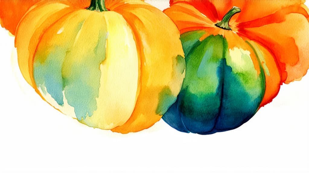  artwork pumpkin top view on white background ar 16:9, watercolor techniques, featuring fluid colors, subtle gradients, transparency associated with watercolor art