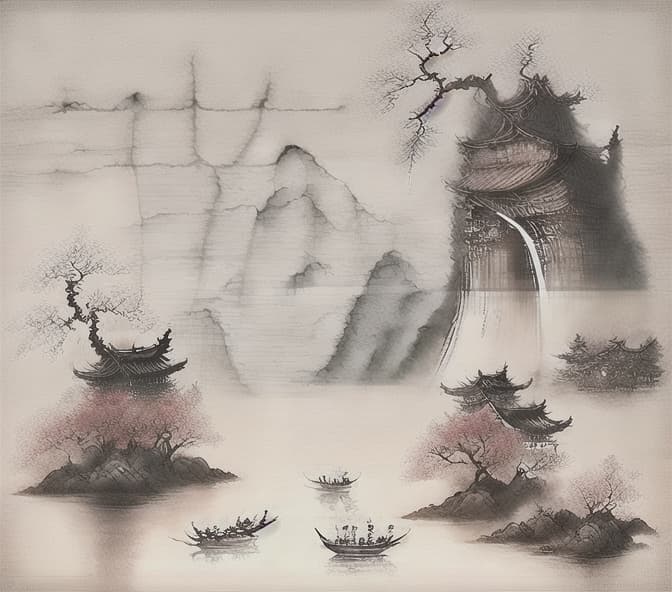  guofeng, chinese landscape painting, chinese architecture, cloud, vision, bridge, no human, mountain, trees, open sky,