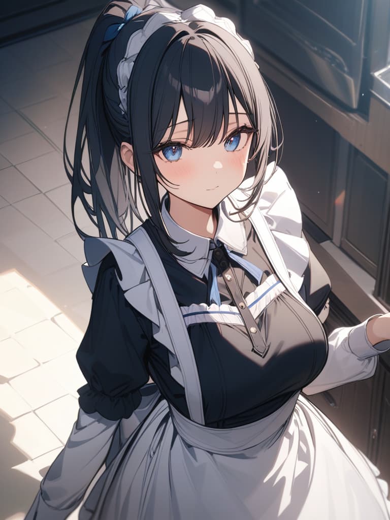  black hair ponytail, blue eye, maid clothes, masterpiece, best quality,8k,ultra detailed,high resolution,an extremely delicate and beautiful,hyper detail