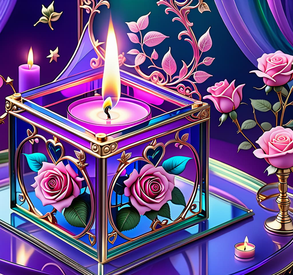  dreamscape (background):colour:violet blue. (background decoration):silver frames in the shape of hearts and gold fancy stars. (centre):glass square pink candlestick and lighter decorated with fancy roses. (rose colour):pink, dark pink, with cream border. (leaf colour):dark green, green blue, light green. (style):fantasy, fantasy art design, jewellery, interior. . surreal, ethereal, dreamy, mysterious, fantasy, highly detailed, civitai, hkmagic