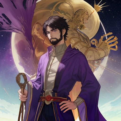  the protector of the universe is a young man of lean build, with a small beard and a short haircut, and purple eyes. to the people who bowed before him