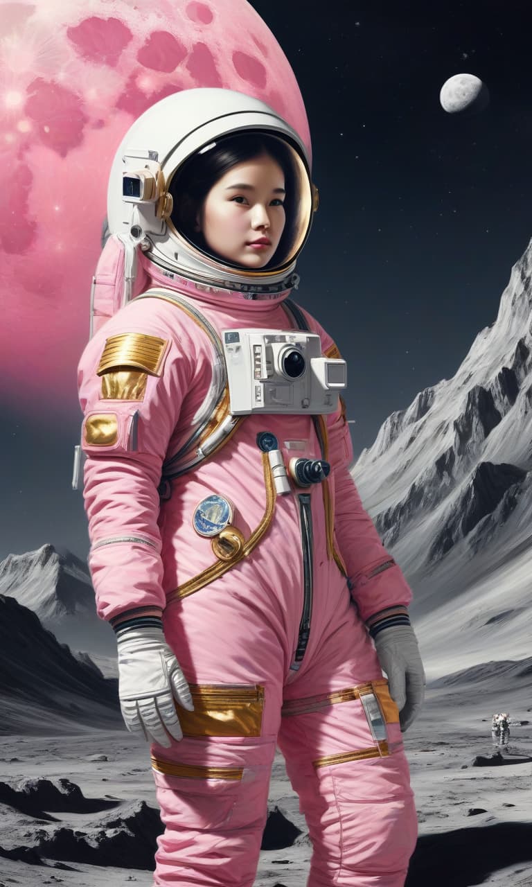  concept art pink, gold, black, white on the background of a huge moon girl astronaut . digital artwork, illustrative, painterly, matte painting, highly detailed, perfect hands