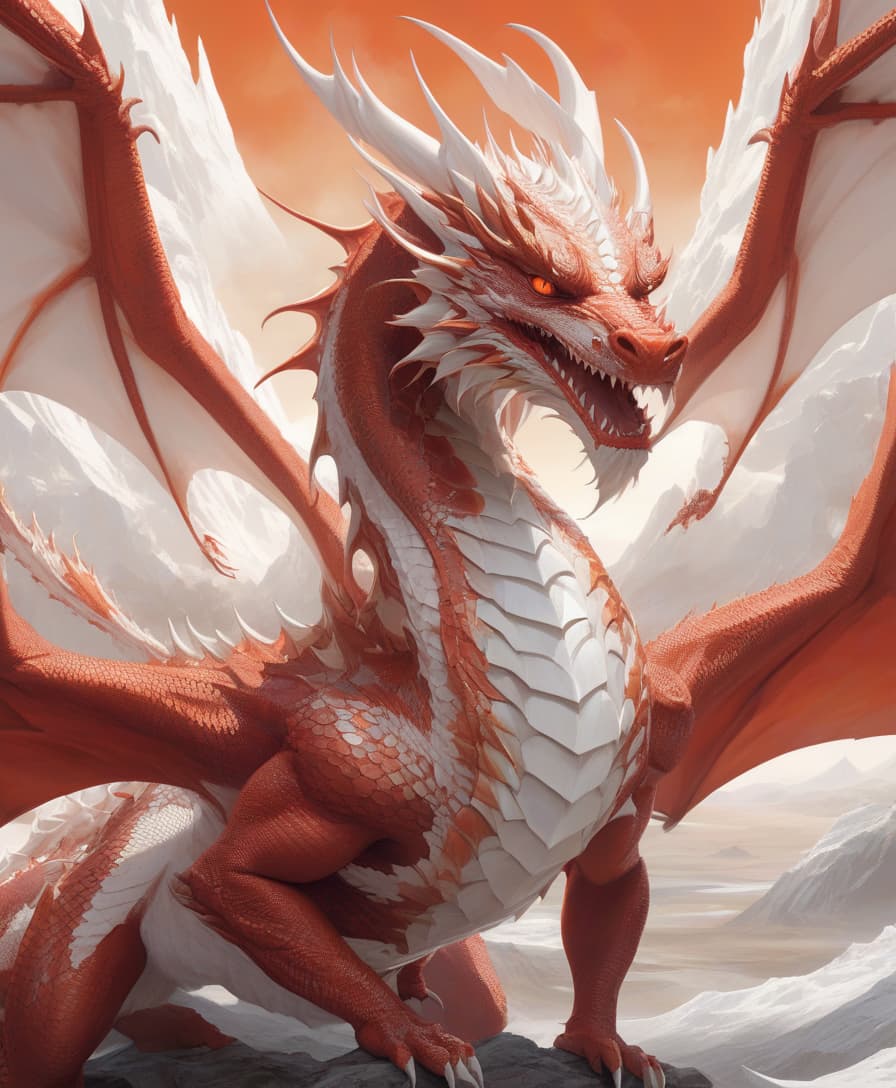  (vivid colors:1.2) (close up:1.3) of a (majestic red and white dragon:1.3), featuring a (reptilian face:1.1) adorned with (intricate scales:1.2) in hues of (white and orange:1.3). the dragon's eyes are (piercing and surreal:1.2), reflecting a (mystical landscape:1.1) behind it. its wings are (sweeping and ethereal:1.3), merging seamlessly with elements of (hybrid surrealism:1.2) inspired by (beeple's style:1.1). the background is filled with (dreamlike patterns:1.2) that enhance the otherworldly feel of the composition, creating a stunning digital masterpiece reminiscent of (adam marczyński's artistry:1.3).