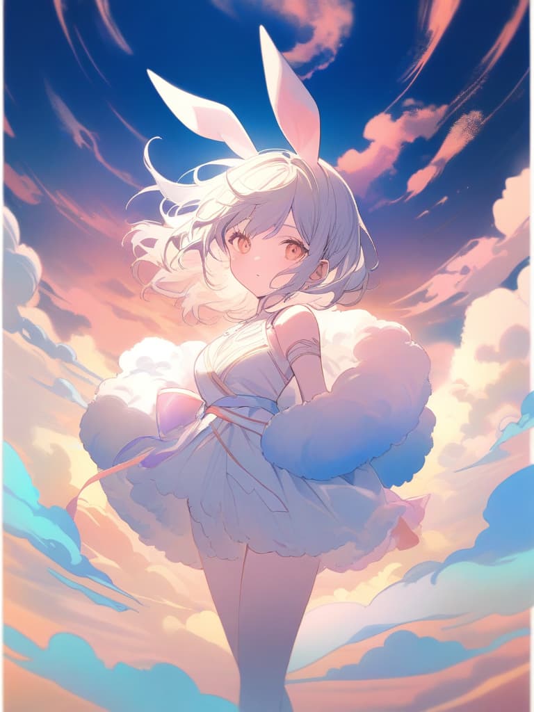  bunny morphing girl, fluffy, soft ((maximum quality)), (very detailed, the best details, official art, beauty and aesthetics: 1.2), the depth of the written border, the whole body, (a little ), (beautiful and fine: 1.3), (great: 1), the background of the colorful clouds blurred