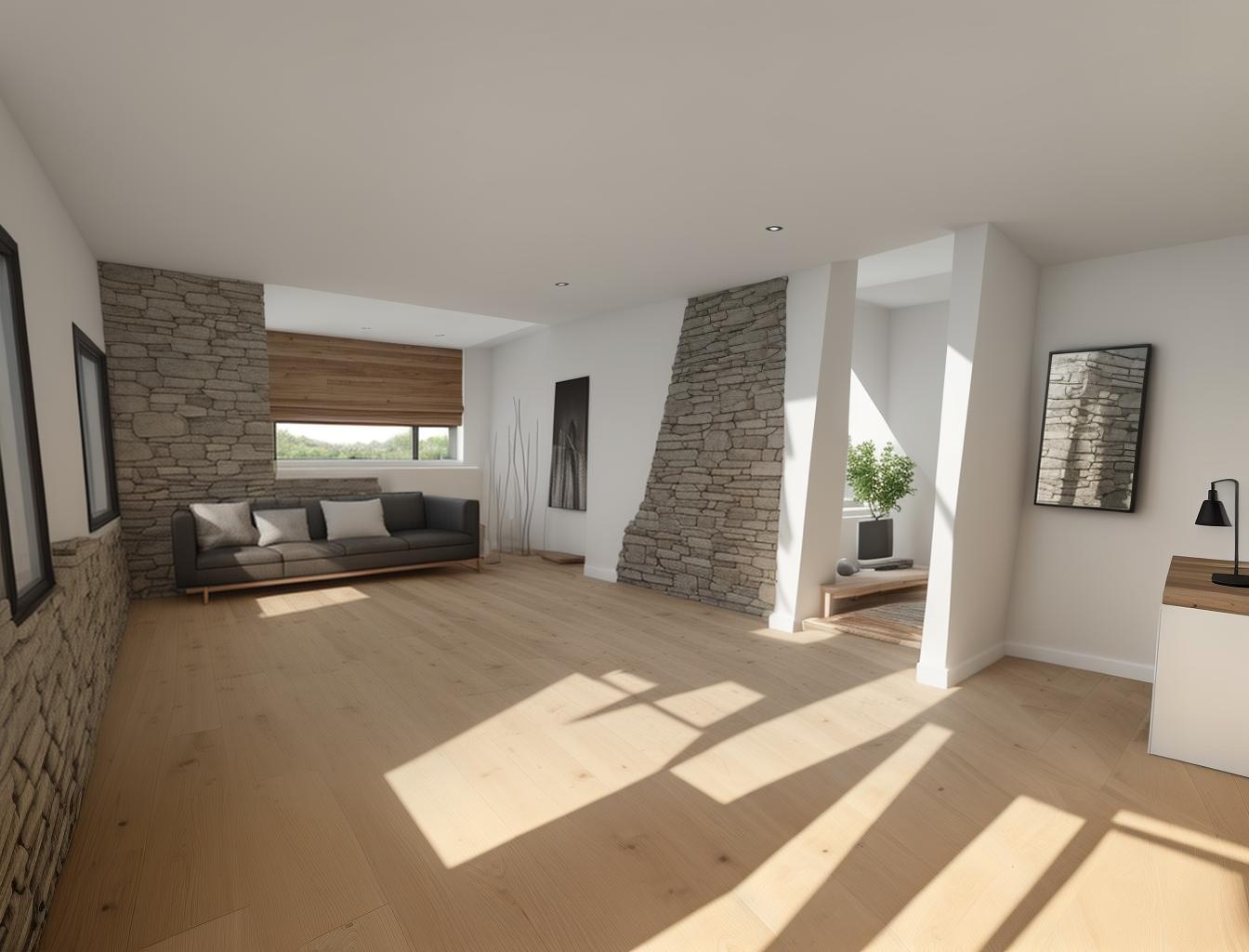  produce a photorealistic rendering of a modern interior with a stone wall as a focal point, complemented by wooden flooring and large windows. add a sleek, modern sofa and minimalist furniture that reflects a contemporary style, creating a space that feels both rustic and sophisticated.