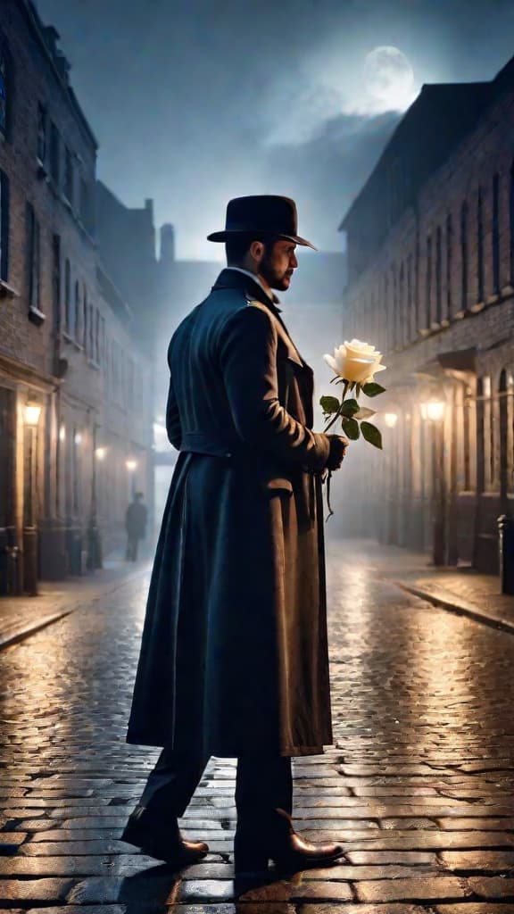  detective at the old victoria dock at night, finding a white rose and a mysterious note hyperrealistic, full body, detailed clothing, highly detailed, cinematic lighting, stunningly beautiful, intricate, sharp focus, f/1. 8, 85mm, (centered image composition), (professionally color graded), ((bright soft diffused light)), volumetric fog, trending on instagram, trending on tumblr, HDR 4K, 8K