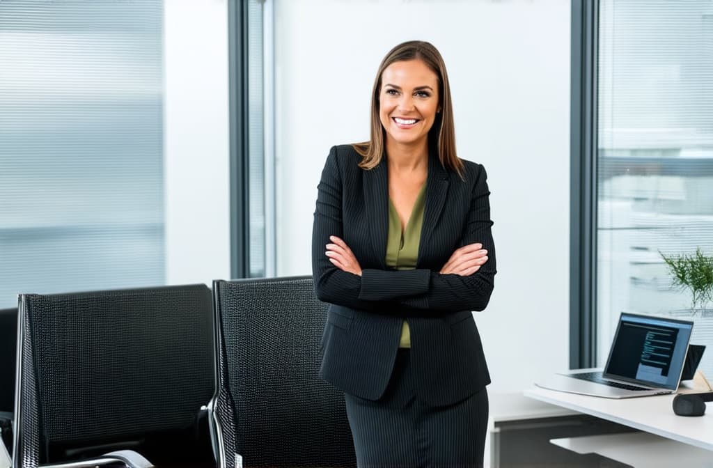  professional detailed photography, portrait of smiling businesswoman standing in open plan office. happy female professional executive manager, financial banking or marketing data. ar 3:2, (muted colors, dim colors, soothing tones), (vsco:0.3)