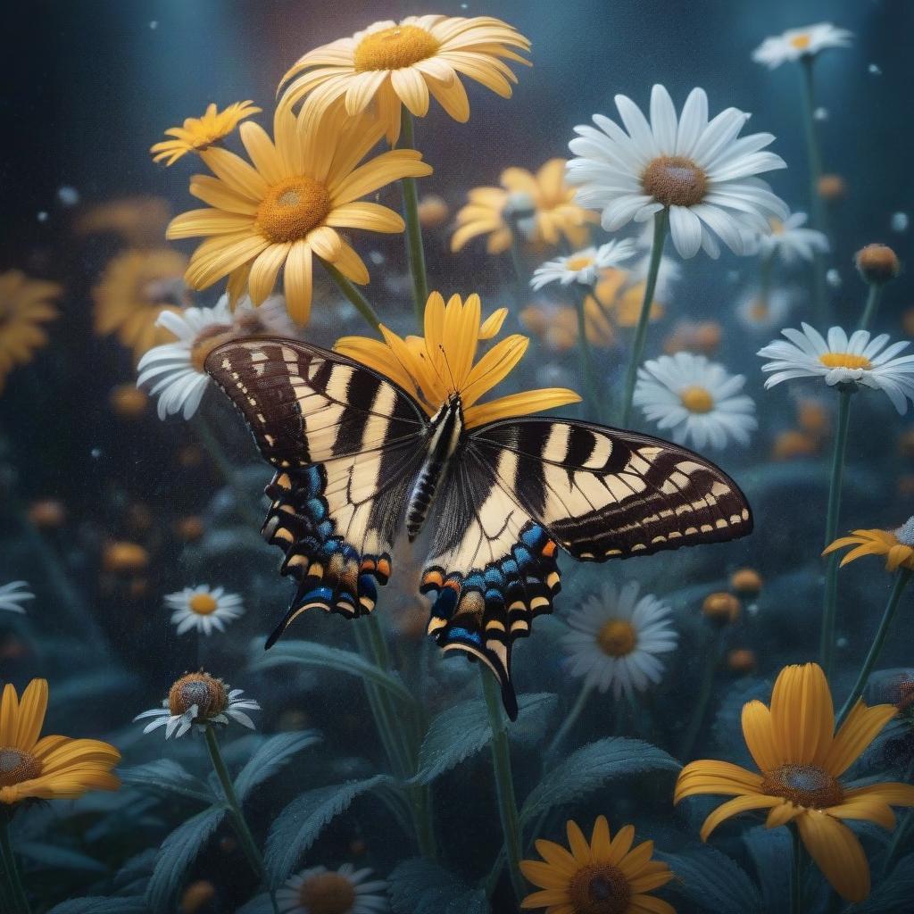  A beautiful swallowtail butterfly on a daisy hyperrealistic, full body, detailed clothing, highly detailed, cinematic lighting, stunningly beautiful, intricate, sharp focus, f/1. 8, 85mm, (centered image composition), (professionally color graded), ((bright soft diffused light)), volumetric fog, trending on instagram, trending on tumblr, HDR 4K, 8K