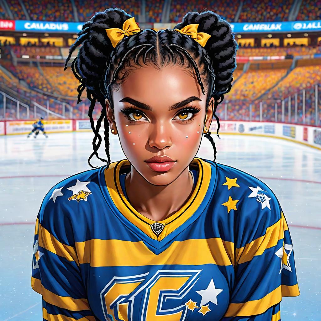  anime art very beautiful african american female hockey player, dreadlocks black hair, sullen eyes, long black lashes, bow shaped lips, flat eyebrows, snub nose shape, scar on right cheek that goes to jaw, bridge nose piercing, hockey player, on ice rink, hockey stick, blue and yellow jersey with stars, full body., award winning, professional, highly detailed, masterpiece