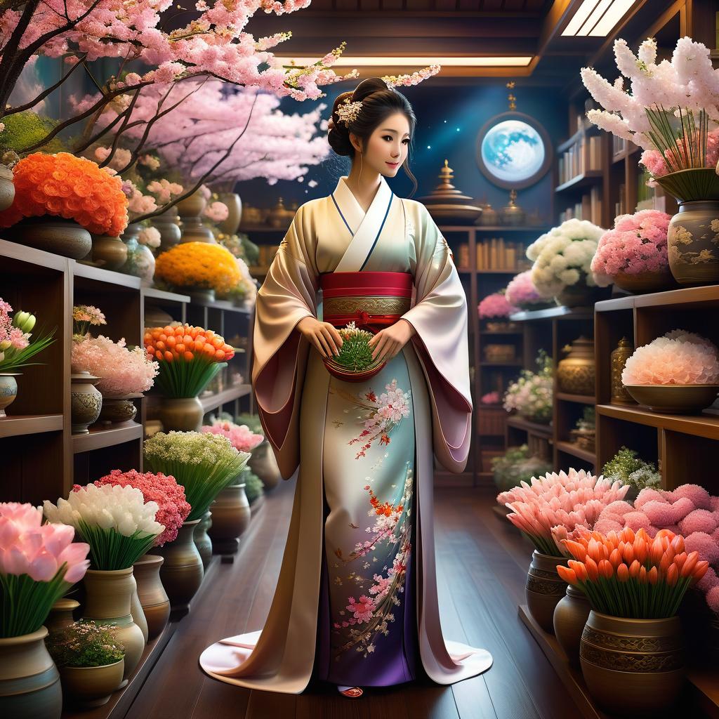  ethereal fantasy concept art of (inout a japanese flower shop:1.2), a beautiful japanese woman in full height, in a traditional kimono. makes ikebana bouquets from sakura flowers, against the backdrop of shelves with many bouquets of ekibana, oil painting, watercolor, intricate details, dark fantasy, space station, extremely best quality, masterpiece, by wadim kashin, 8k . magnificent, celestial, ethereal, painterly, epic, majestic, magical, fantasy art, cover art, dreamy