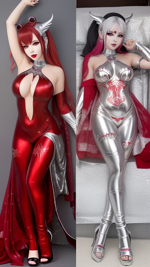  Full body red and silver flame pattern body paint,silver body paint on the whole body, silver face paint on the face,succubus 女性