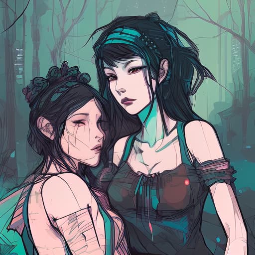 nvinkpunk two terrible girls with black hair close up at night in the forest by the moon, fairy tales