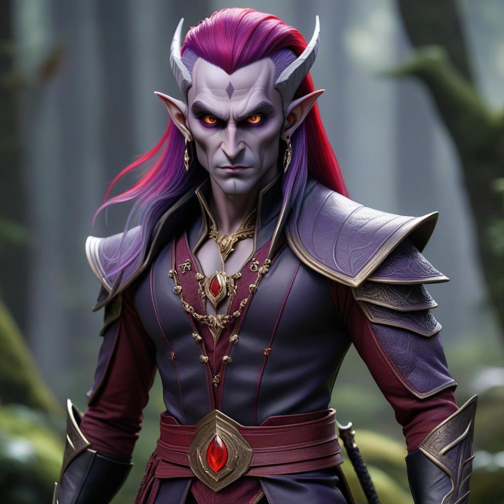  dark elf man serious leather purple hair red eyes of rich clothes hyperrealistic, full body, detailed clothing, highly detailed, cinematic lighting, stunningly beautiful, intricate, sharp focus, f/1. 8, 85mm, (centered image composition), (professionally color graded), ((bright soft diffused light)), volumetric fog, trending on instagram, trending on tumblr, HDR 4K, 8K