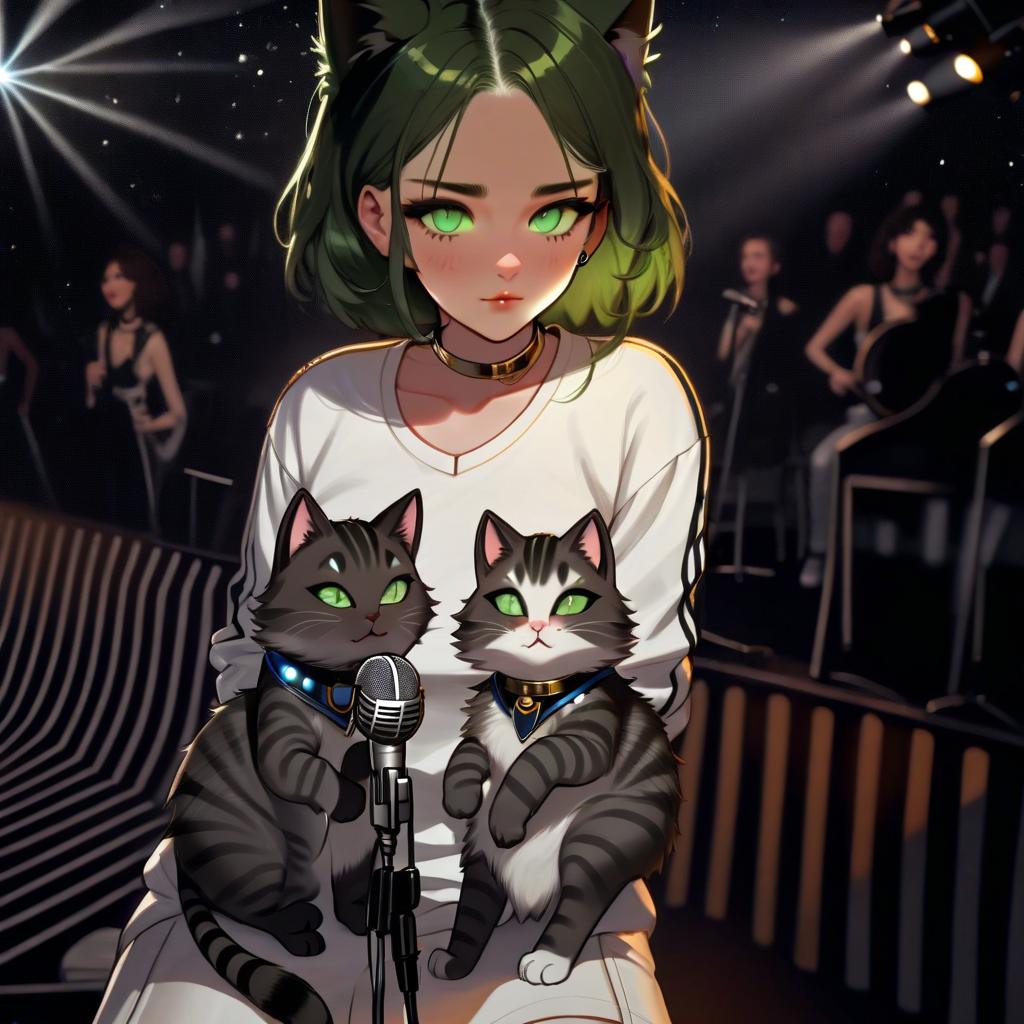  girl with dark green eyes, two furry striped cats, space, spotlights, view from the stage, microphone, music, royal grace