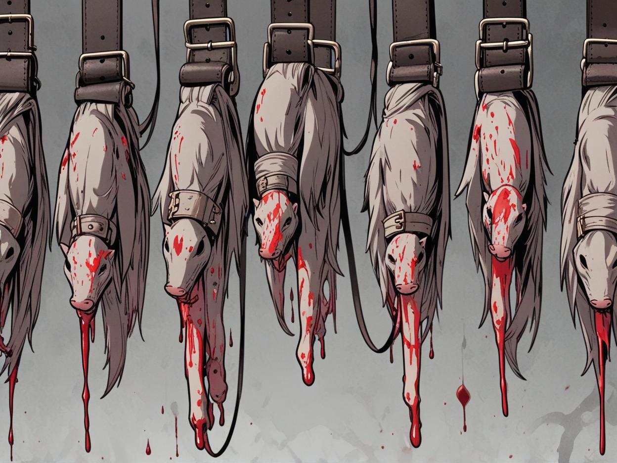  manga artwork a leather belt consisting of several bloodied rat tails hanging from it. manga artist. manga, highly emotional. best quality, high resolution