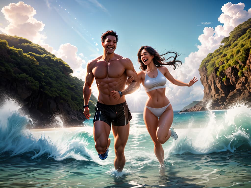  a action shot of a couple playing in the water. making splash of water. a epic landscape of a tropical brazilian beach with a man and a woman doing jogging in the water. they are running toward the camera. they have happy expression. they are playing in the water. you can feel the joy in their face enjoying the place and the moment. happy feeling hyperrealistic, full body, detailed clothing, highly detailed, cinematic lighting, stunningly beautiful, intricate, sharp focus, f/1. 8, 85mm, (centered image composition), (professionally color graded), ((bright soft diffused light)), volumetric fog, trending on instagram, trending on tumblr, HDR 4K, 8K