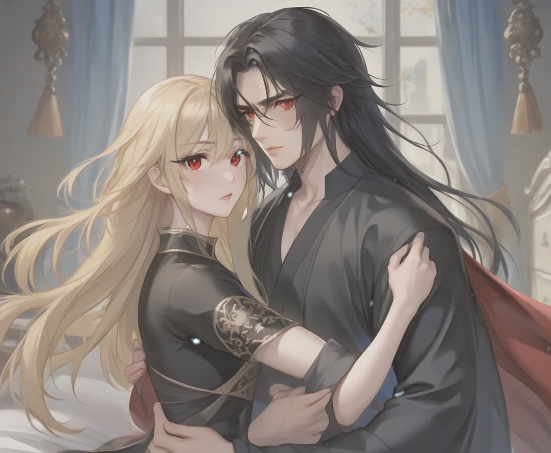  breathtaking realistic photo, two people, a character from the novel “system save yourself for the main hero”, lo binghe, a young man in black. long black hair to the waist, red eyes, demonic mark on the forehead, next to him a girl is blonde, blonde hair to the shoulder blades, european face type, light skin, blue eyes, plump lips, small tummy at the bottom at the waist bedside . award winning, professional, highly detailed, hkmagic