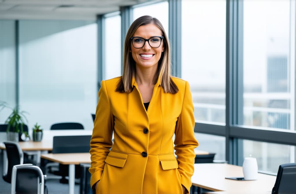  professional detailed photography, portrait of smiling businesswoman in mustard jacket and black glasses standing in open plan office. happy female professional executive manager, financial banking or marketing data. ar 3:2, (muted colors, dim colors, soothing tones), (vsco:0.3)