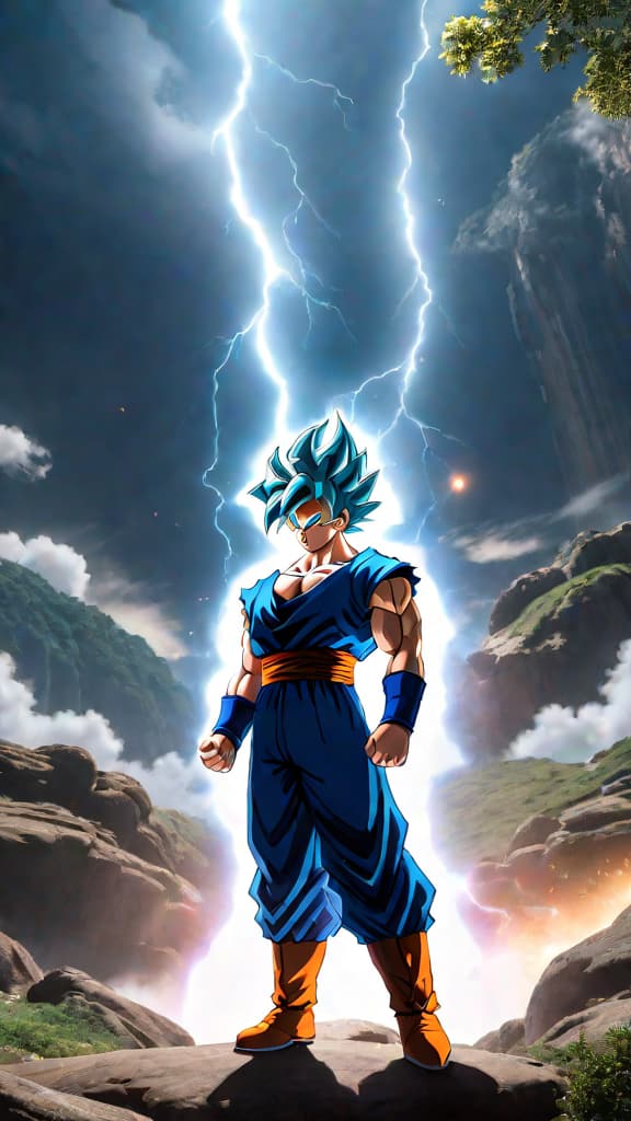  anime art: goku from dragon ball mastering ultra instinct to rival celestial angel beings. hyperrealistic, full body, detailed clothing, highly detailed, cinematic lighting, stunningly beautiful, intricate, sharp focus, f/1. 8, 85mm, (centered image composition), (professionally color graded), ((bright soft diffused light)), volumetric fog, trending on instagram, trending on tumblr, HDR 4K, 8K