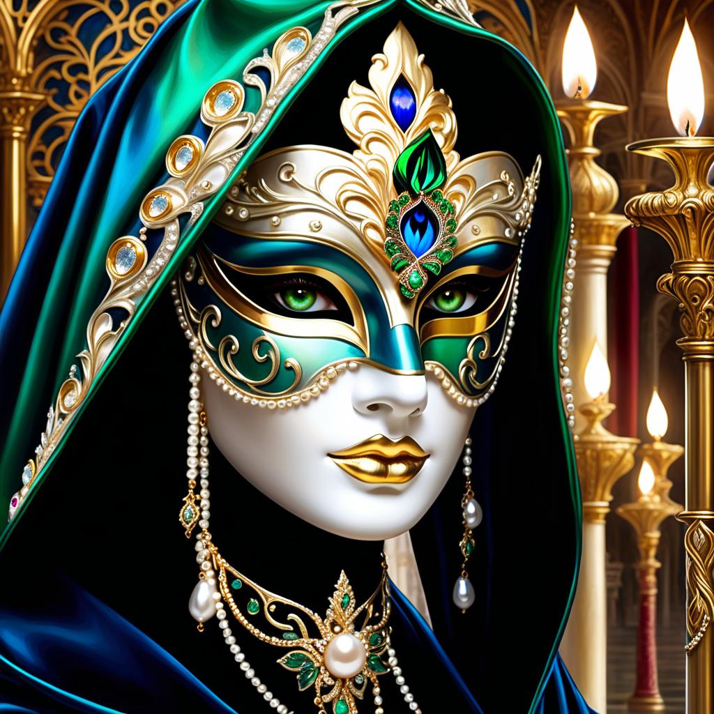  ethereal fantasy concept art of (background):black silk cloak, topazes, rubies, emeralds, gold candlestick with white gold flame. ((the eye slits reflect the contours of the palaces and canals of venice1,9)). ((half mask columbine) a mask covering only part of the face. silver mask:with gold patterned ornamentation. colours:light green, blue, pearl cream, peacock feathers, gold and silver beads, gold leaf, gemstones, venetian lace, rhinestones, beads. (style):fantasy, renaissance, dream, mystery, mystery, dream, italy, venice, barcarolle, minestrel. . magnificent, celestial, ethereal, painterly, epic, majestic, magical, fantasy art, cover art, dreamy