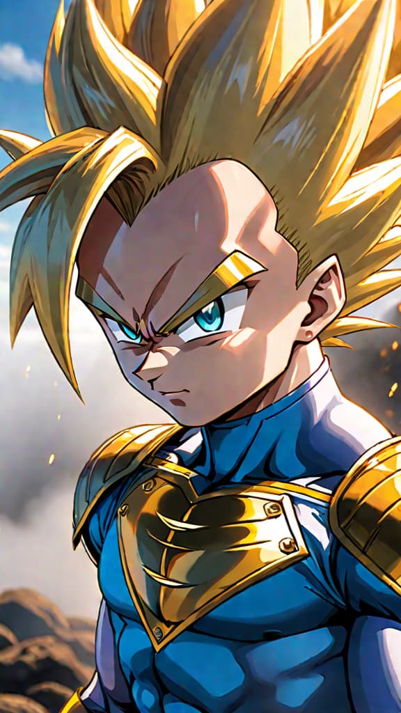  anime art: vegeta from dragon ball transforms with golden hair, teal eyes, and surging power. hyperrealistic, full body, detailed clothing, highly detailed, cinematic lighting, stunningly beautiful, intricate, sharp focus, f/1. 8, 85mm, (centered image composition), (professionally color graded), ((bright soft diffused light)), volumetric fog, trending on instagram, trending on tumblr, HDR 4K, 8K