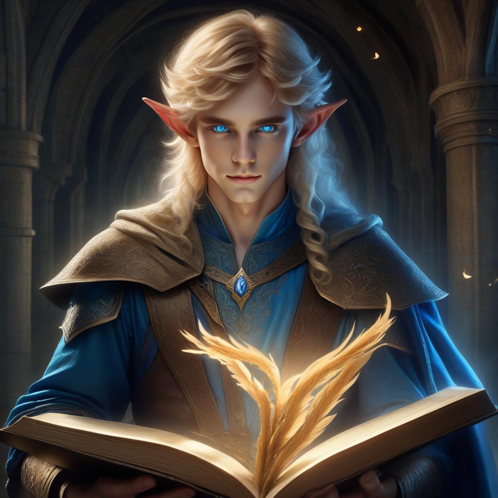  a beautiful elf boy with straw hair and blue eyes holds an open book, medieval fantasy, magic, hkmagic