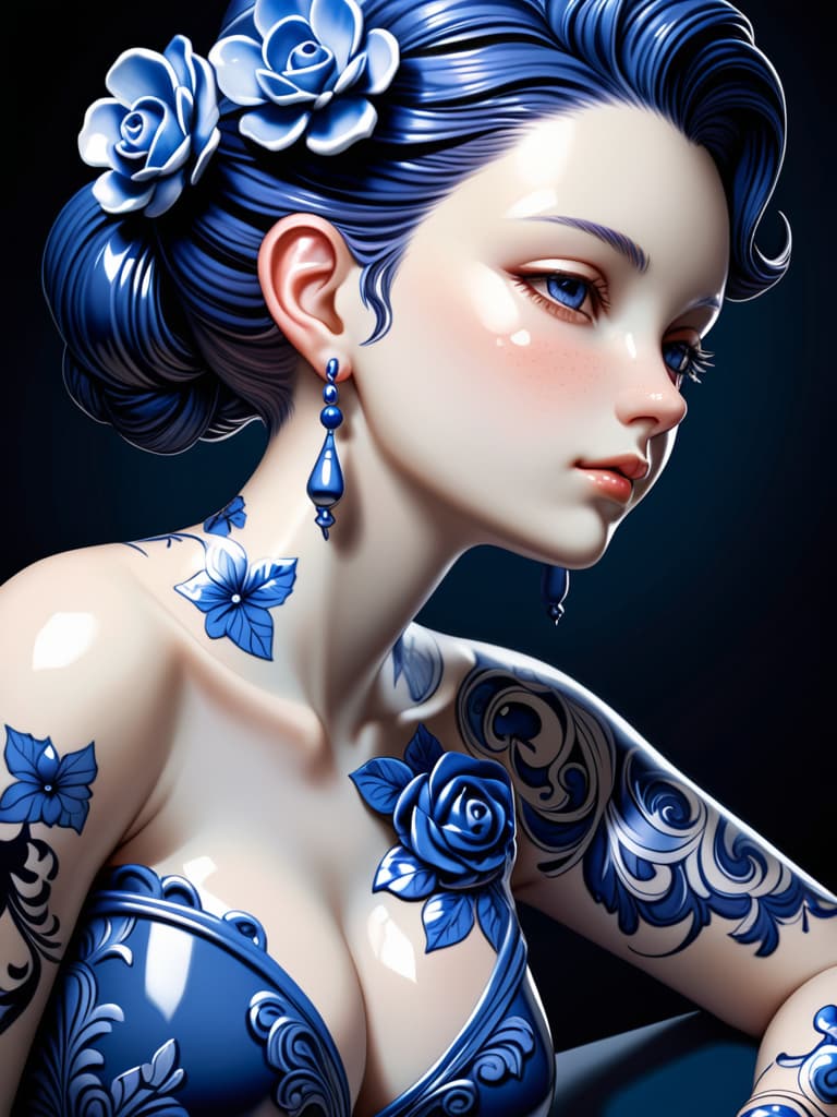  Close-up porcelain female figurine, looking to the camera, glossy surface, glaze, shiny, blue floral tattoos on her, dark gradient background, baroque dark style, hyperrealistic, CG society, intricate details