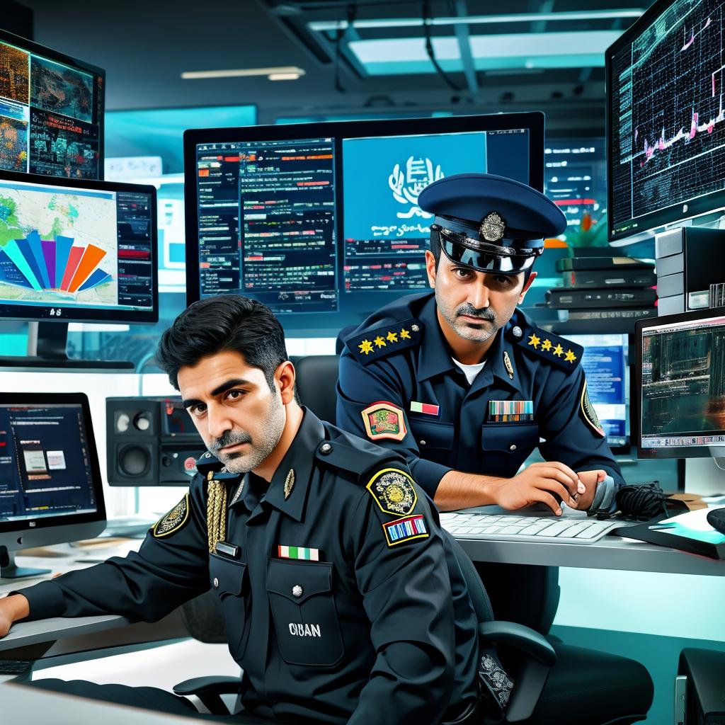  an iranian police officer sitting behind a computer desk working with cyber background, award winning, professional, highly detailed, masterpiece