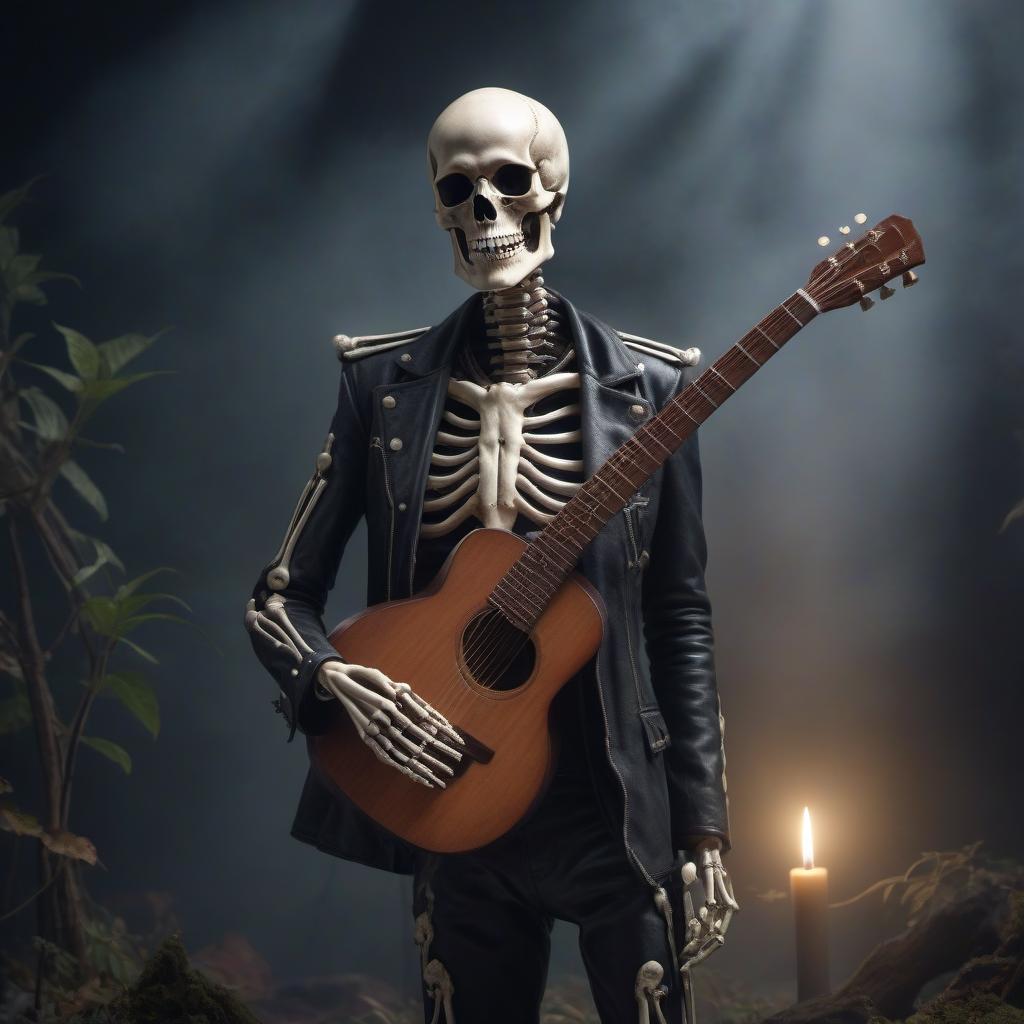  hyperrealistic art skeleton with guitar in dark hortic clothing . extremely high resolution details, photographic, realism pushed to extreme, fine texture, incredibly lifelike, hkmagic hyperrealistic, full body, detailed clothing, highly detailed, cinematic lighting, stunningly beautiful, intricate, sharp focus, f/1. 8, 85mm, (centered image composition), (professionally color graded), ((bright soft diffused light)), volumetric fog, trending on instagram, trending on tumblr, HDR 4K, 8K