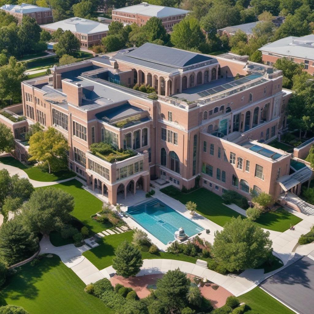  high school exterior aerial layout with lots of windows and a courtyard in the middle with a garden, pool and rooftop art space and curb appeal, mystical style