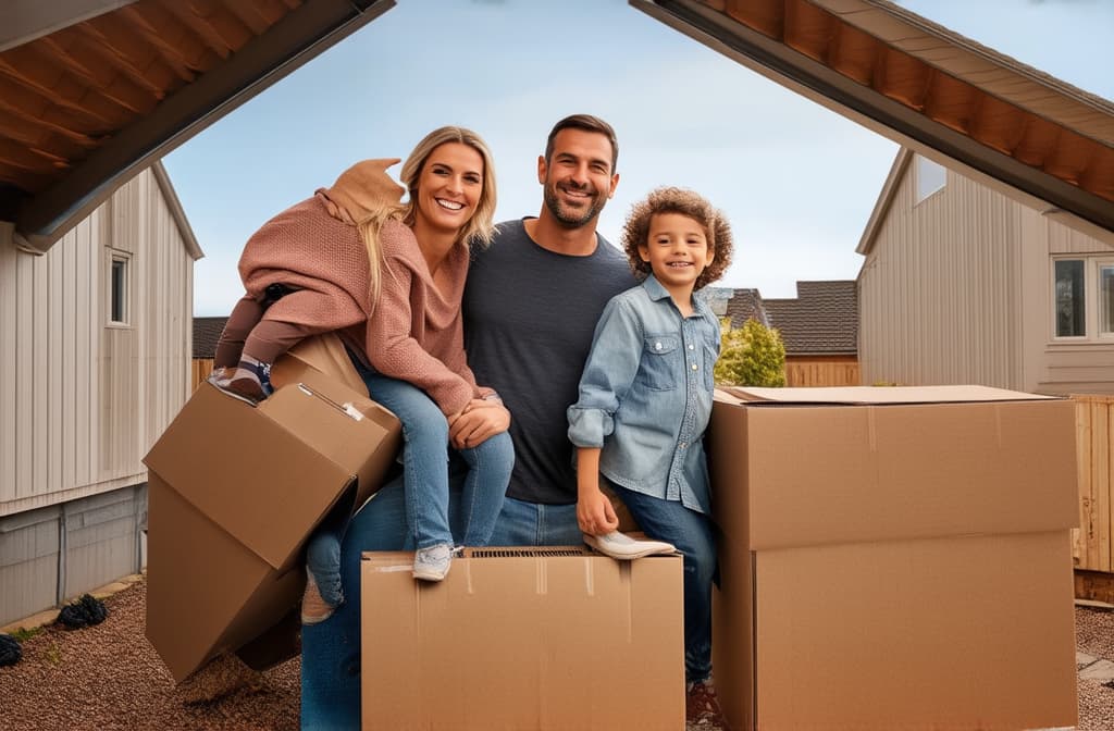  professional detailed photography, housing and moving concept. happy family, mother, father and children with a roof over their heads ar 3:2, (muted colors, dim colors, soothing tones), (vsco:0.3)