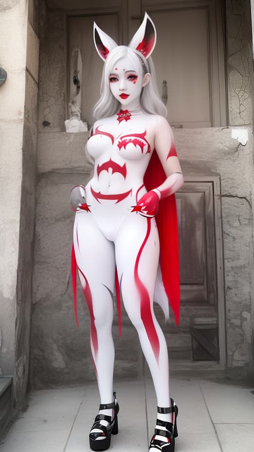  White and red bat pattern body paint in every corner of the body, silver body paint all over the body, Grey face paint on the face, Two dark elfs, full body image 女性