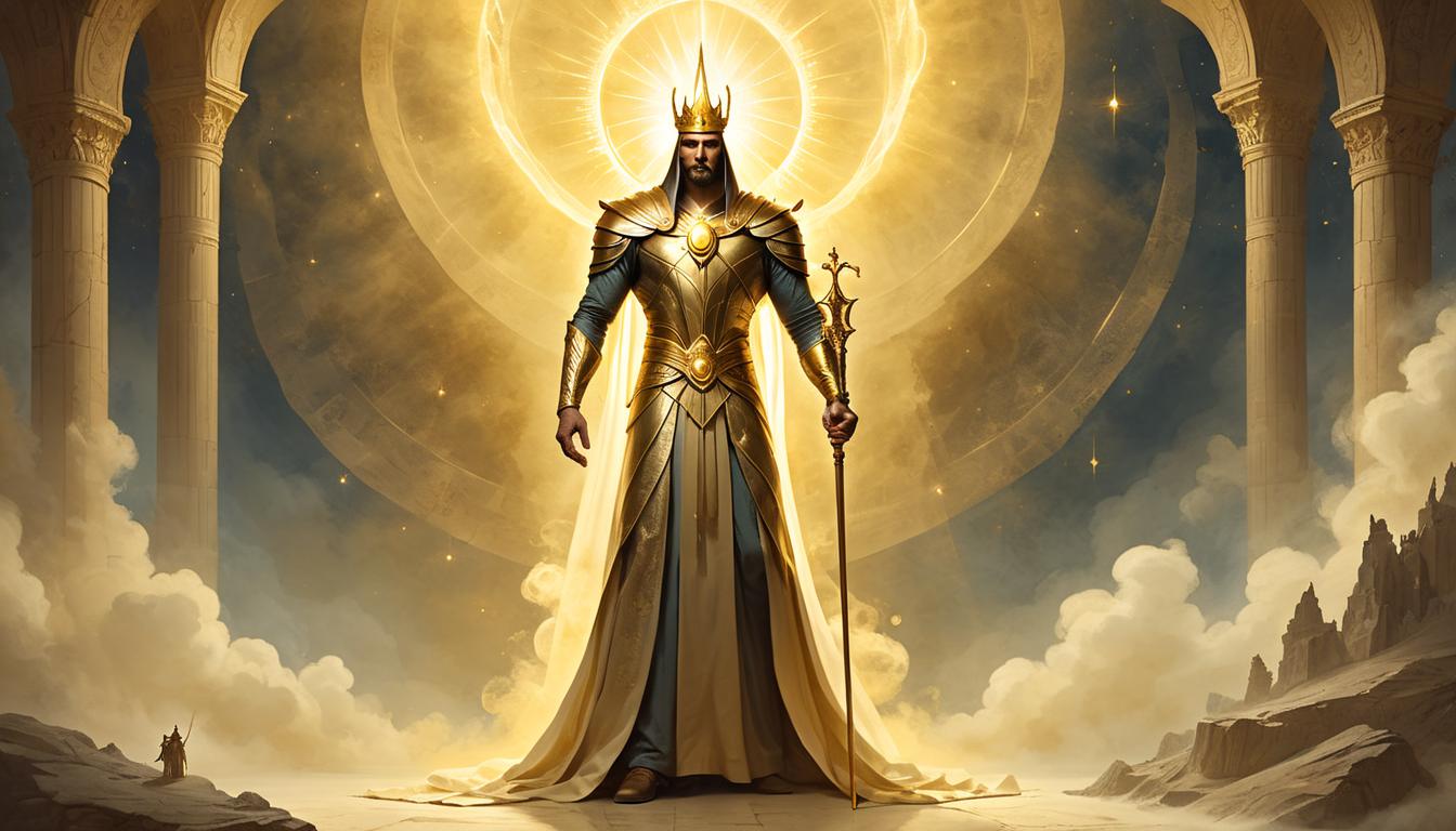  on parchment, surrealism+++, divine champion, figure enveloped in golden aura, standing tall, ethereal light, majestic, transcendent, chosen by higher forces(mysterious, provocative, symbolic,muted color)+++