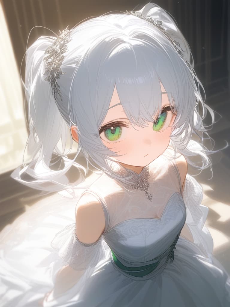  harajin, white hair, green eyes, small girls, ponytails, mysterious, wedding dresses, masterpiece, best quality,8k,ultra detailed,high resolution,an extremely delicate and beautiful,hyper detail